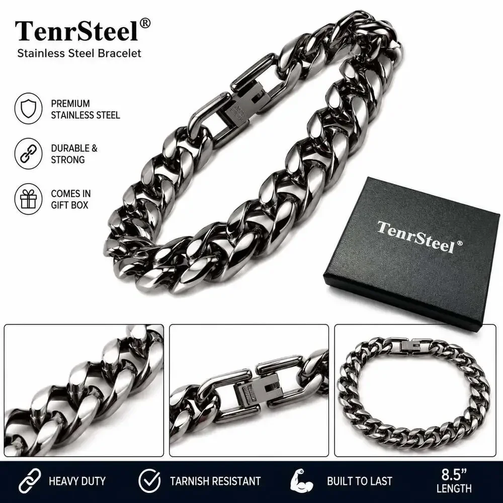 NEW TenrSteel Heavy Duty Stainless Steel Cuban Link Bracelet 8.5 in